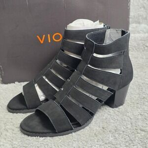 Vionic Aloft Harlow Black Suede Gladiator Open Toe Heeled Booties Sandal 6.5 NEW